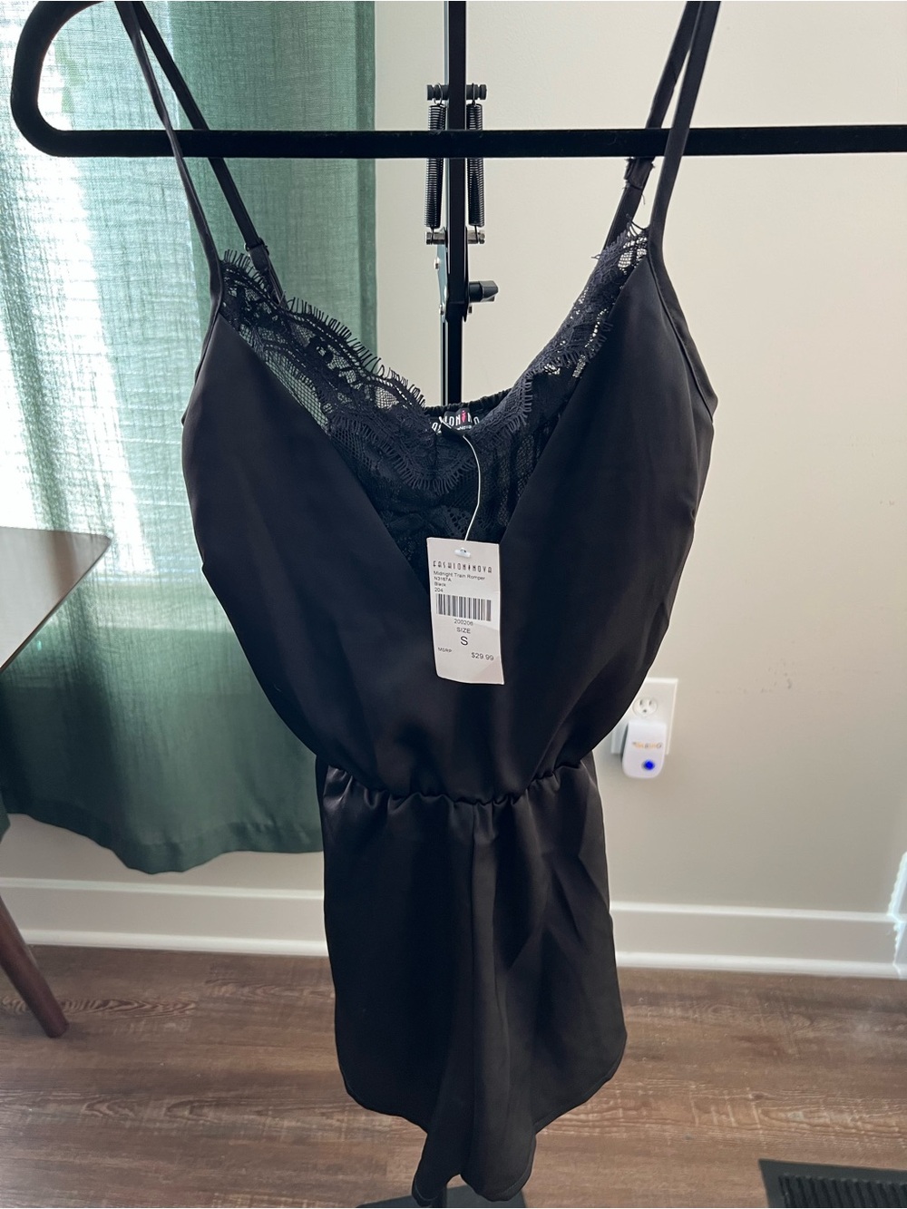 Fashion Nova Midnight Train Black Satin Lace-Trim Slip Romper